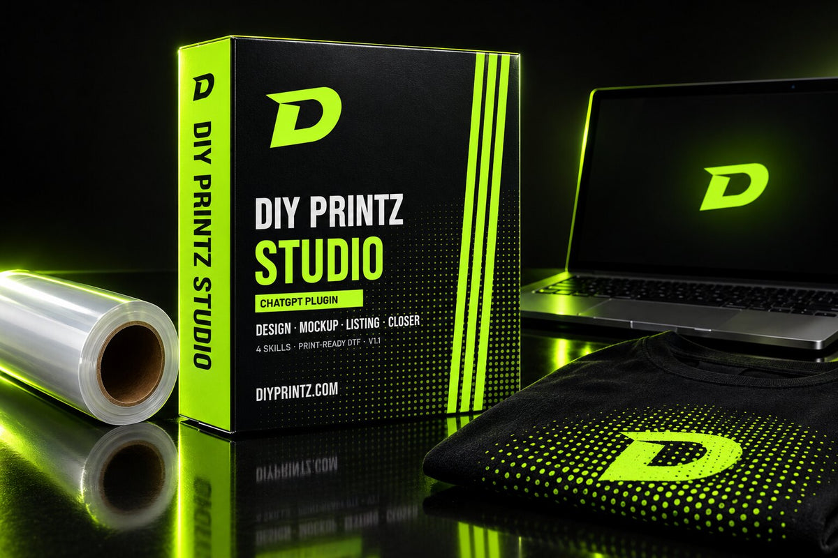 DIY Printz Studio box with DTF film, t-shirt and laptop